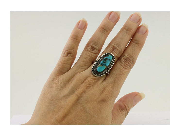 Navajo Ring 925 Silver Natural Turquoise Signed USA C.80's