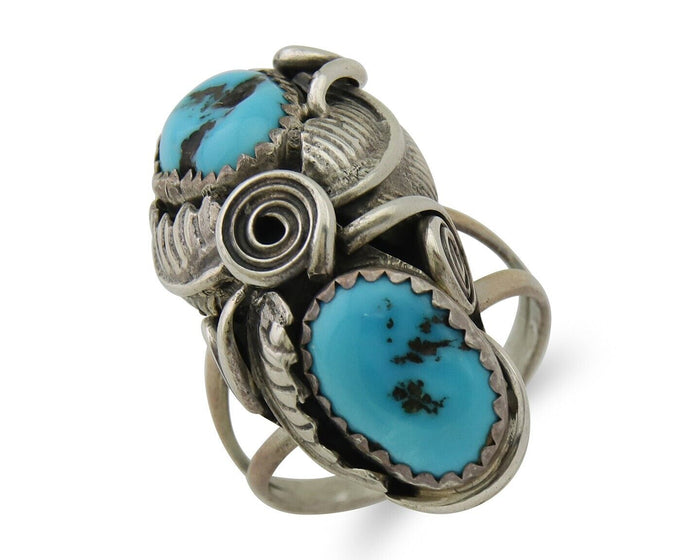 Navajo Ring .925 Silver Sleeping B Turquoise Artist Signed MP C.80's