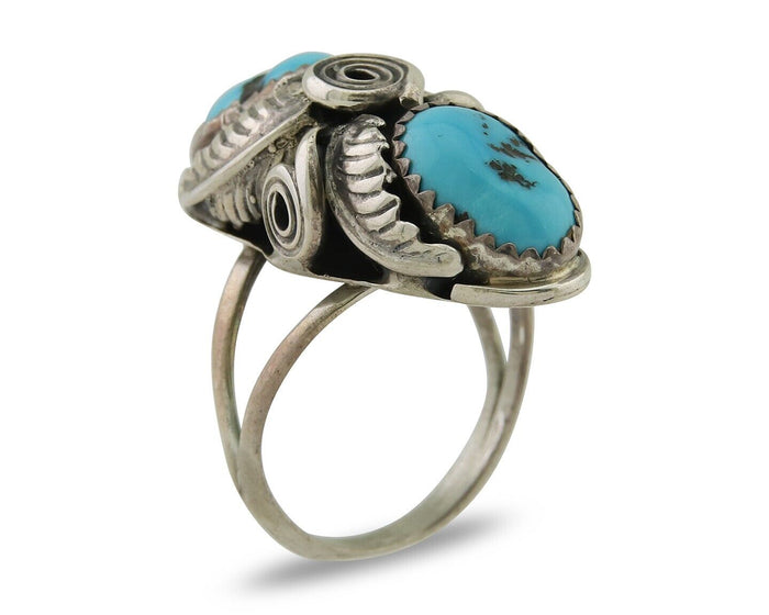Navajo Ring .925 Silver Sleeping B Turquoise Artist Signed MP C.80's