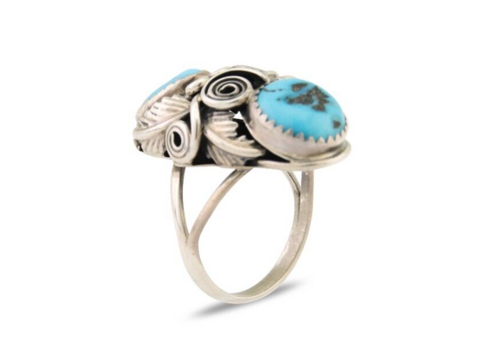 Navajo Ring .925 Silver Sleeping B Turquoise Artist Signed MP C.80's