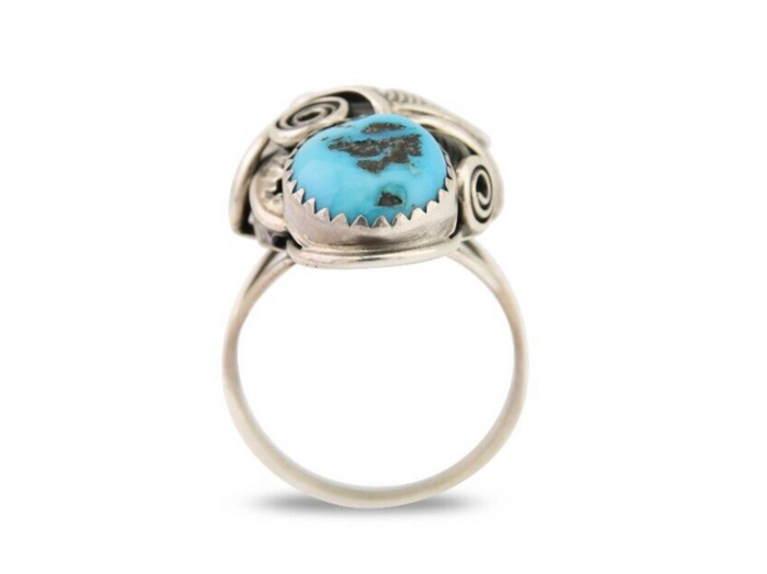 Navajo Ring .925 Silver Sleeping B Turquoise Artist Signed MP C.80's