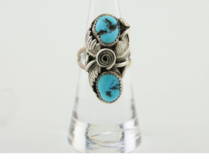 Navajo Ring .925 Silver Sleeping B Turquoise Artist Signed MP C.80's