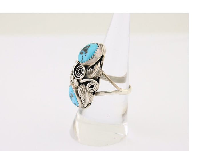 Navajo Ring .925 Silver Sleeping B Turquoise Artist Signed MP C.80's