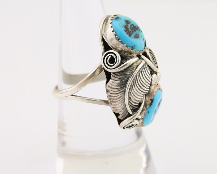 Navajo Ring .925 Silver Sleeping B Turquoise Artist Signed MP C.80's