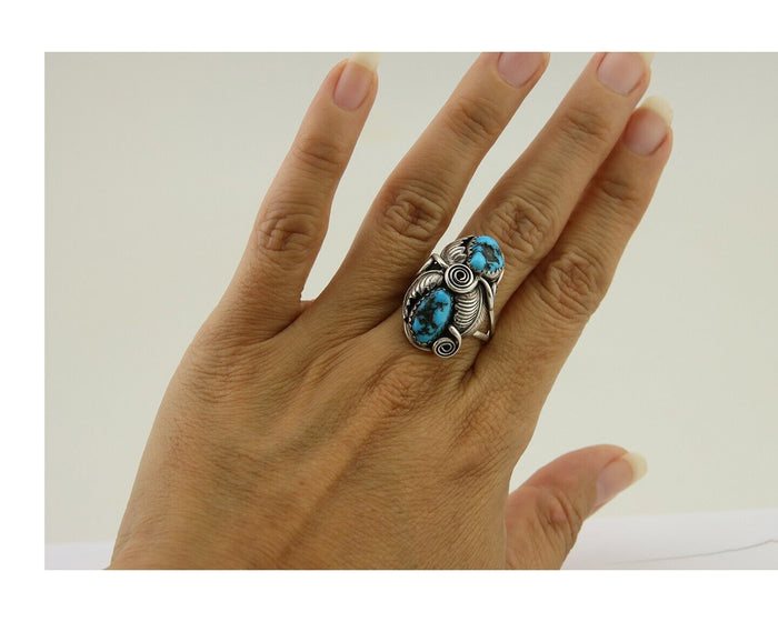 Navajo Ring .925 Silver Sleeping B Turquoise Artist Signed MP C.80's