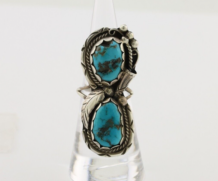 Navajo Ring 925 Silver Sleeping B Turquoise Signed Robert & Bernice Leekya C80s