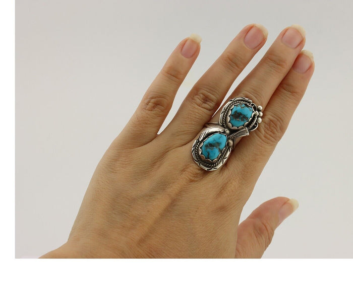 Navajo Ring 925 Silver Sleeping B Turquoise Signed Robert & Bernice Leekya C80s
