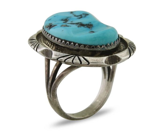 Navajo Ring 925 Silver Sleeping Beauty Turquoise Artist Siged Becenti C.80's