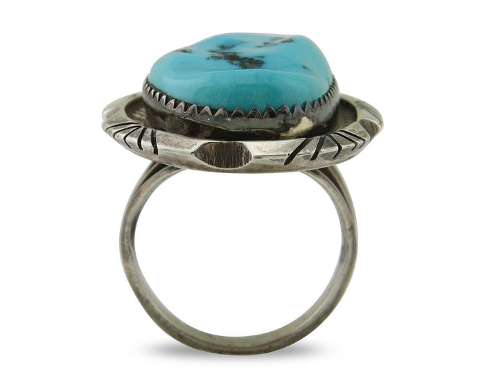Navajo Ring 925 Silver Sleeping Beauty Turquoise Artist Siged Becenti C.80's