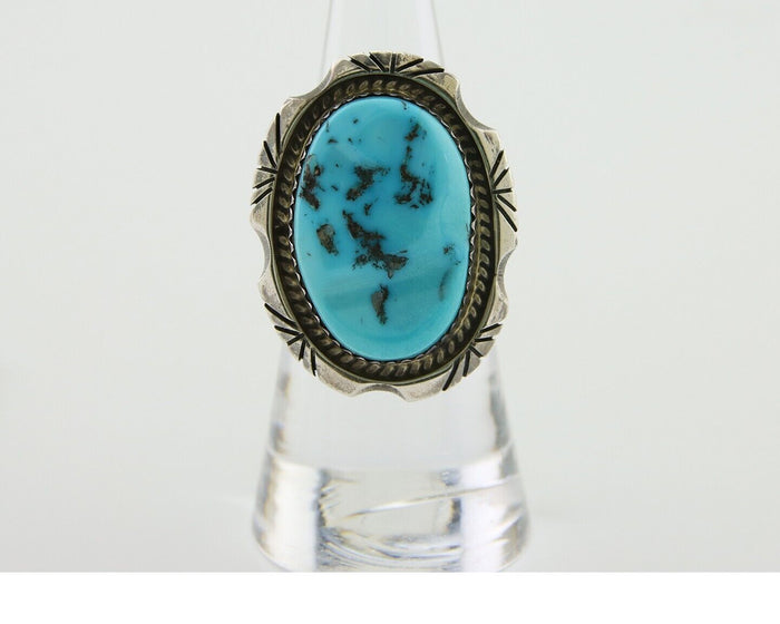 Navajo Ring 925 Silver Sleeping Beauty Turquoise Artist Siged Becenti C.80's