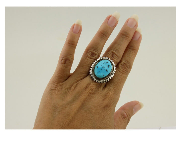 Navajo Ring 925 Silver Sleeping Beauty Turquoise Artist Siged Becenti C.80's