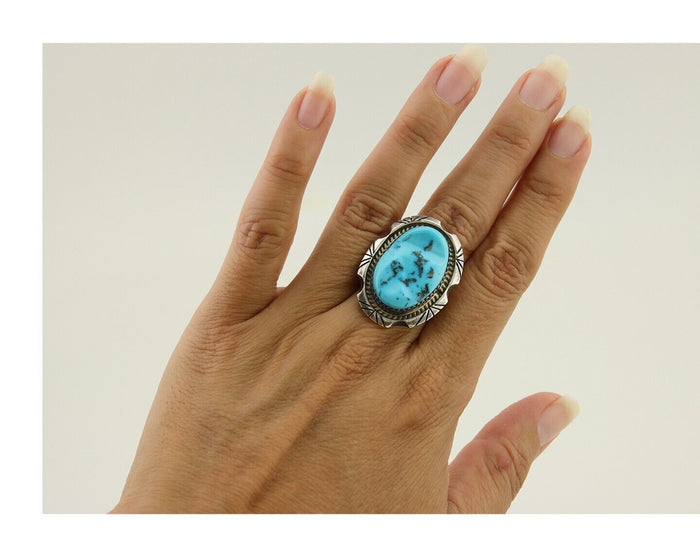 Navajo Ring 925 Silver Sleeping Beauty Turquoise Artist Siged Becenti C.80's