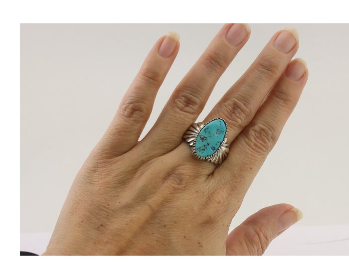Navajo Ring 925 Silver Sleeping Beauty Turquoise Artist Signed DK C.80's
