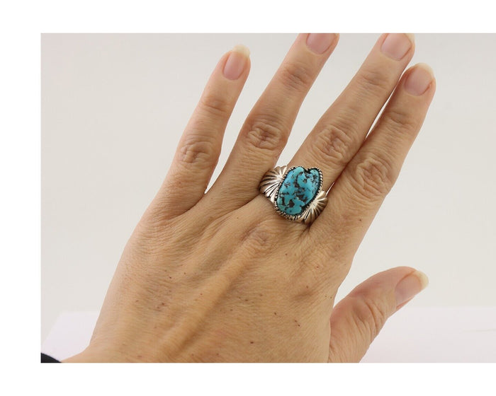 Navajo Ring 925 Silver Sleeping Beauty Turquoise Artist Signed DK C.80's