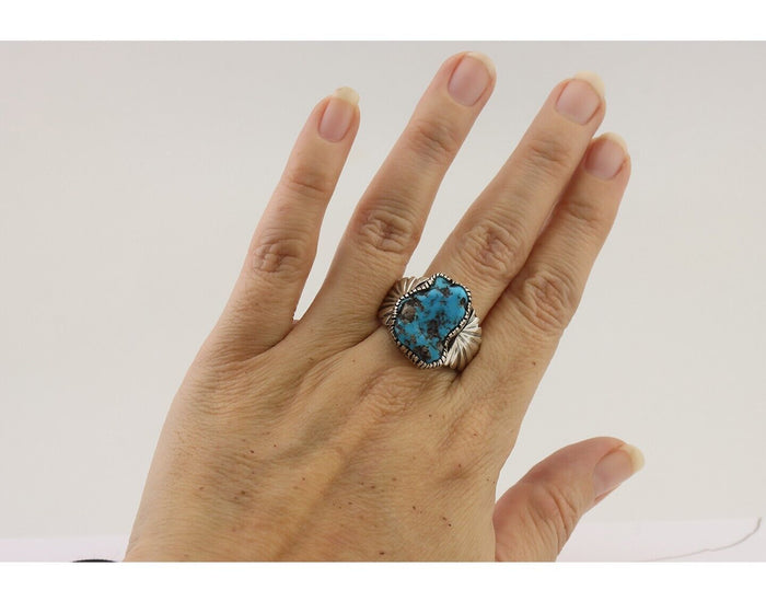 Navajo Ring 925 Silver Sleeping Beauty Turquoise Artist Signed DK C.80's