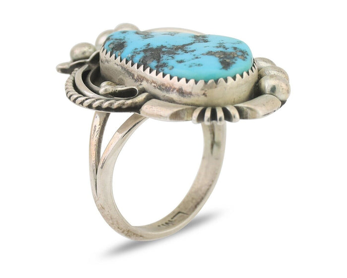 Navajo Ring 925 Silver Sleeping Beauty Turquoise Artist Signed L.M. C.80's
