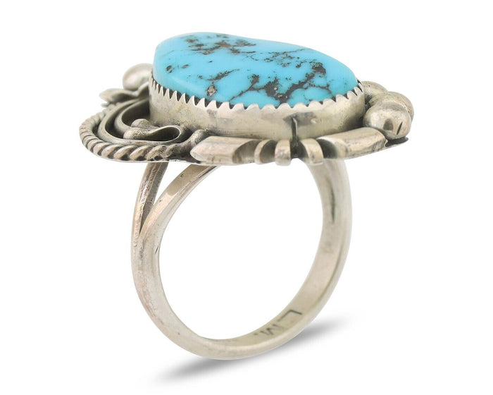 Navajo Ring 925 Silver Sleeping Beauty Turquoise Artist Signed L.M. C.80's