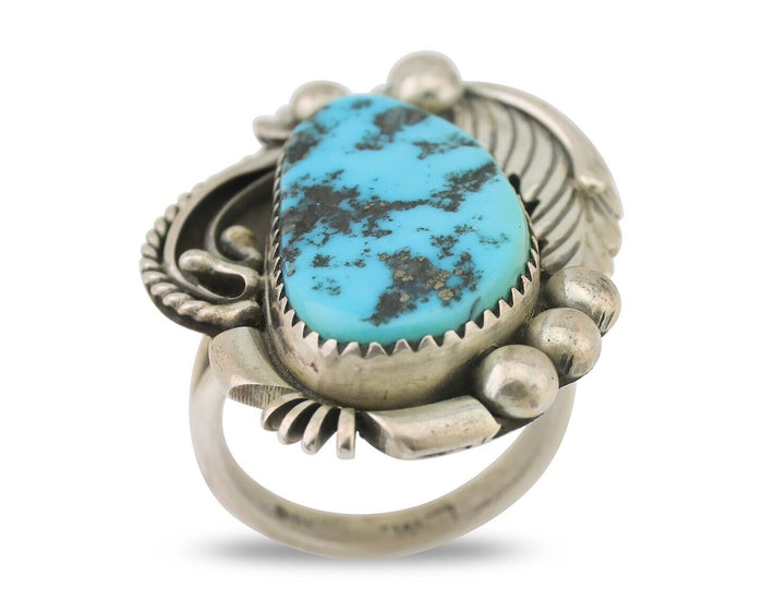 Navajo Ring 925 Silver Sleeping Beauty Turquoise Artist Signed L.M. C.80's