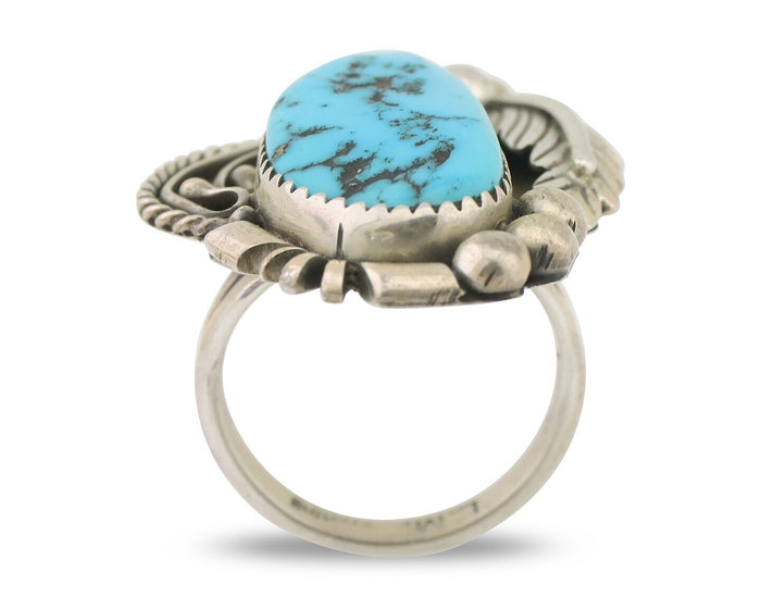 Navajo Ring 925 Silver Sleeping Beauty Turquoise Artist Signed L.M. C.80's