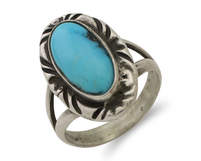 Navajo Ring 925 Silver Sleeping Beauty Turquoise Artist Signed SC C.80's