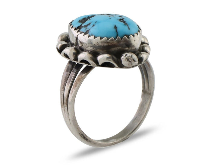 Navajo Ring 925 Silver Sleeping Beauty Turquoise Artist Signed SC C.80's