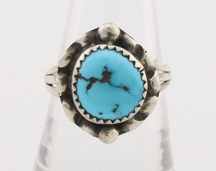 Navajo Ring 925 Silver Sleeping Beauty Turquoise Artist Signed SC C.80's