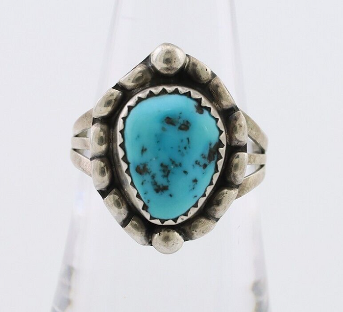 Navajo Ring 925 Silver Sleeping Beauty Turquoise Artist Signed SC C.80's