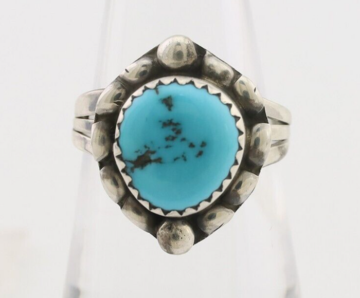 Navajo Ring 925 Silver Sleeping Beauty Turquoise Artist Signed SC C.80's
