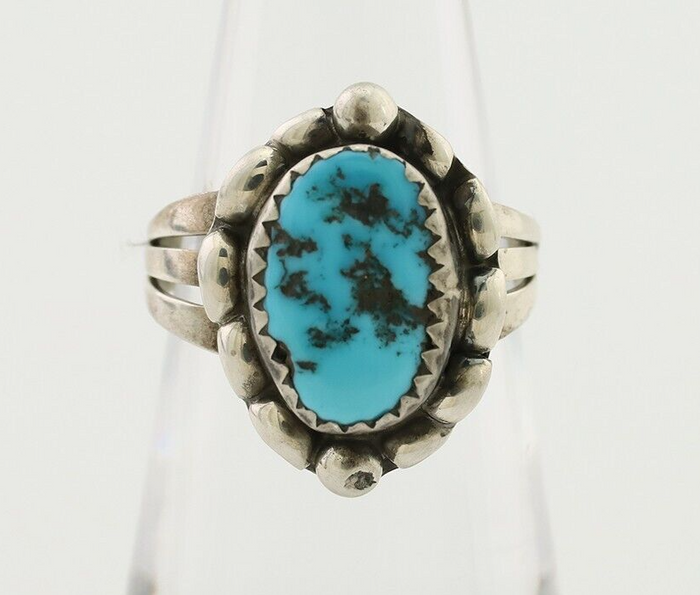 Navajo Ring 925 Silver Sleeping Beauty Turquoise Artist Signed SC C.80's