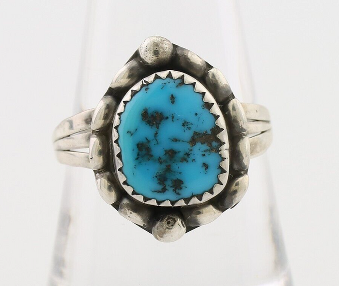 Navajo Ring 925 Silver Sleeping Beauty Turquoise Artist Signed SC C.80's