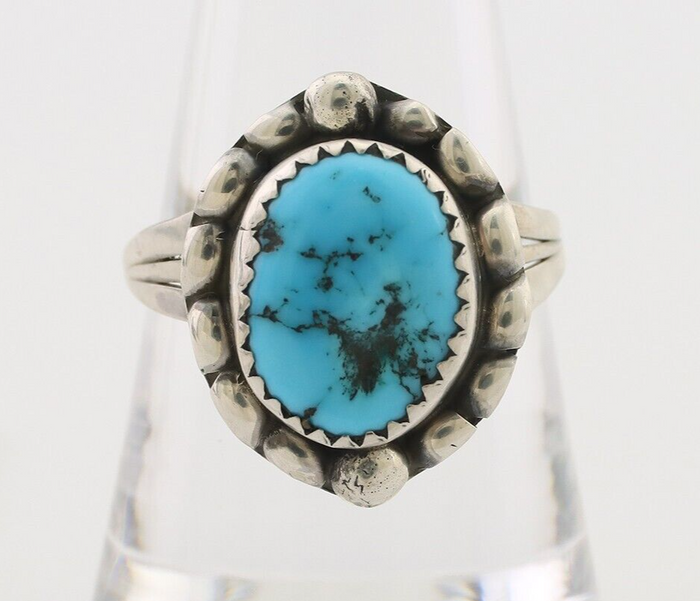 Navajo Ring 925 Silver Sleeping Beauty Turquoise Artist Signed SC C.80's