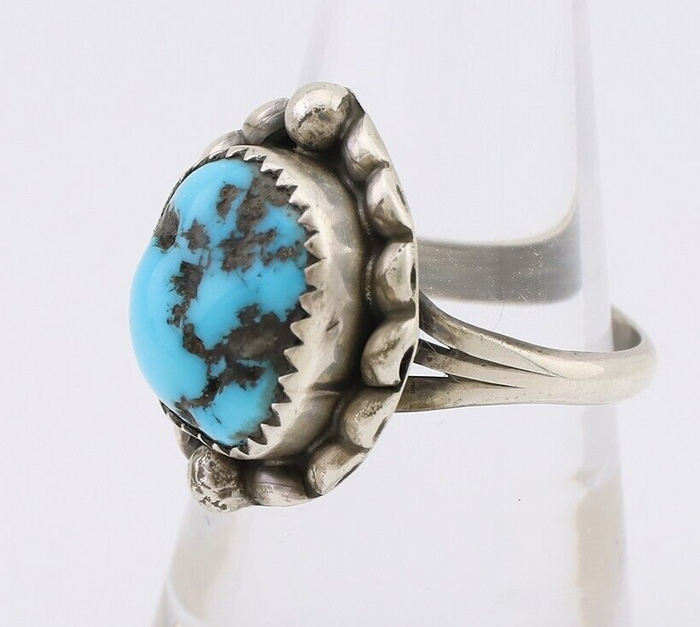 Navajo Ring 925 Silver Sleeping Beauty Turquoise Artist Signed SC C.80's