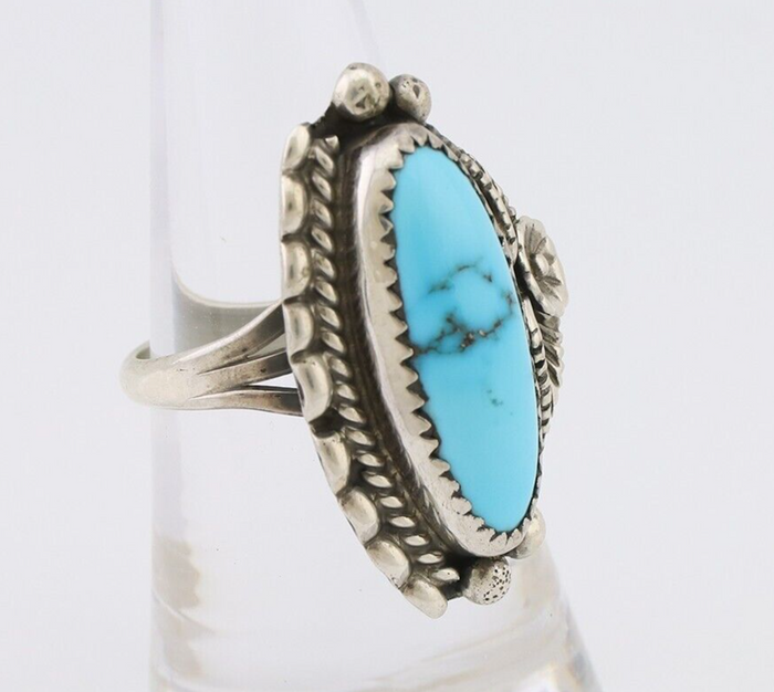 Navajo Ring 925 Silver Sleeping Beauty Turquoise Artist Signed SC C.80's