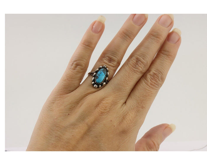 Navajo Ring 925 Silver Sleeping Beauty Turquoise Artist Signed SC C.80's