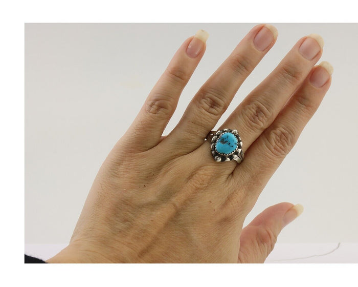 Navajo Ring 925 Silver Sleeping Beauty Turquoise Artist Signed SC C.80's