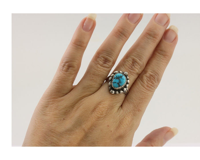 Navajo Ring 925 Silver Sleeping Beauty Turquoise Artist Signed SC C.80's