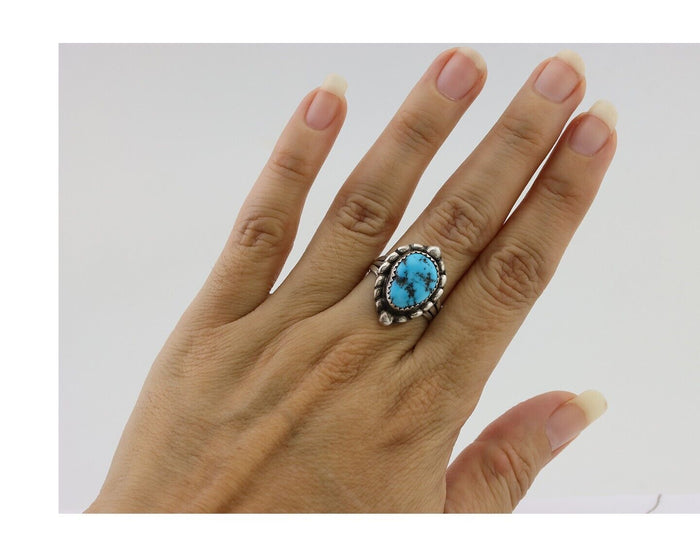 Navajo Ring 925 Silver Sleeping Beauty Turquoise Artist Signed SC C.80's