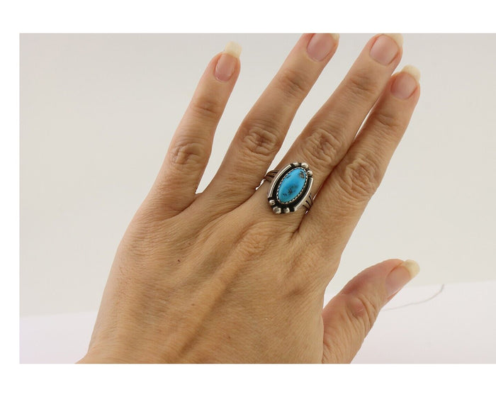 Navajo Ring 925 Silver Sleeping Beauty Turquoise Artist Signed SC C.80's