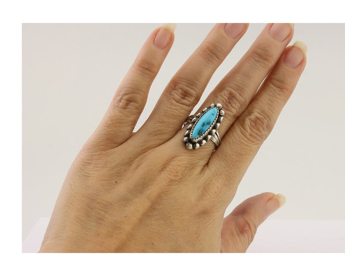 Navajo Ring 925 Silver Sleeping Beauty Turquoise Artist Signed SC C.80's