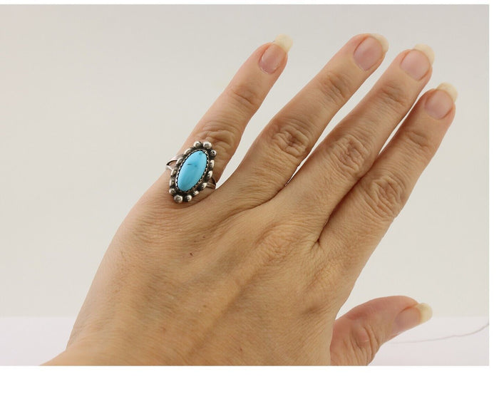 Navajo Ring 925 Silver Sleeping Beauty Turquoise Artist Signed SC C.80's