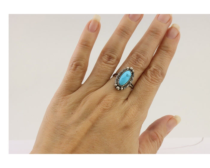 Navajo Ring 925 Silver Sleeping Beauty Turquoise Artist Signed SC C.80's