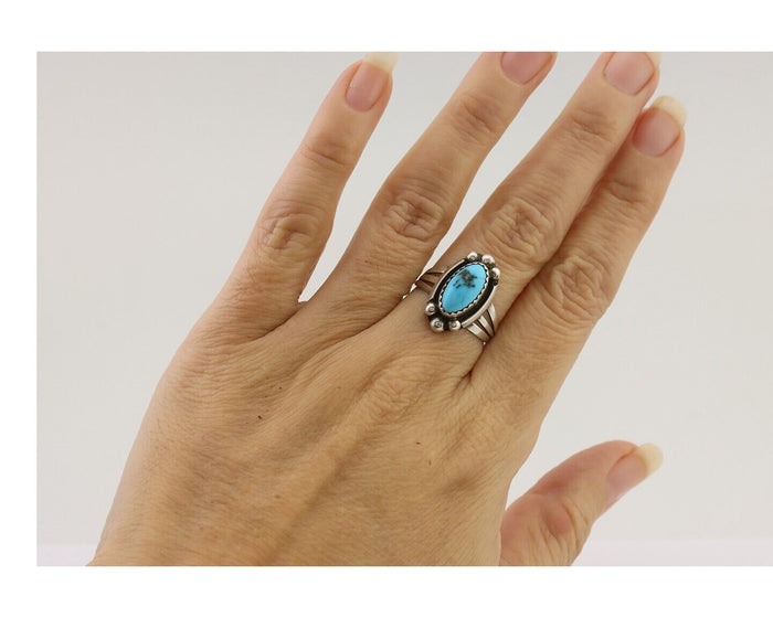 Navajo Ring 925 Silver Sleeping Beauty Turquoise Artist Signed SC C.80's