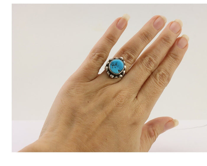Navajo Ring 925 Silver Sleeping Beauty Turquoise Artist Signed SC C.80's