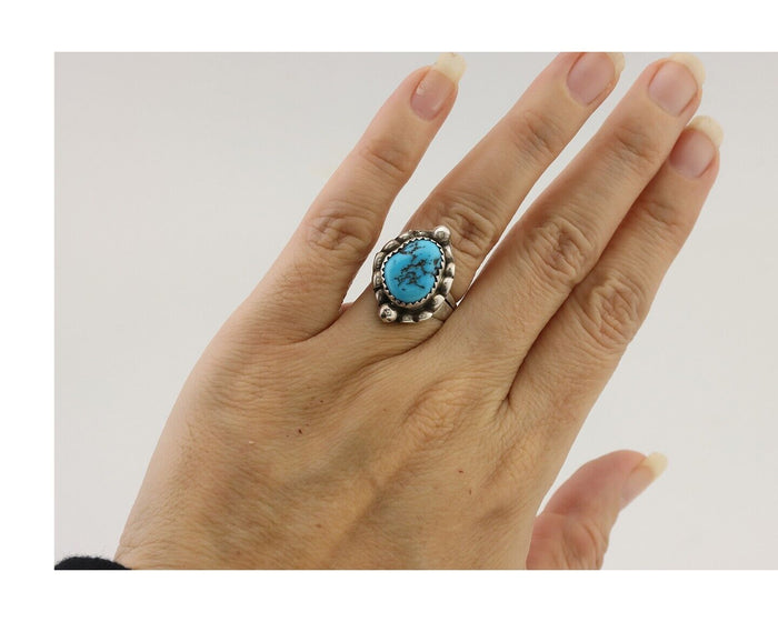 Navajo Ring 925 Silver Sleeping Beauty Turquoise Artist Signed SC C.80's