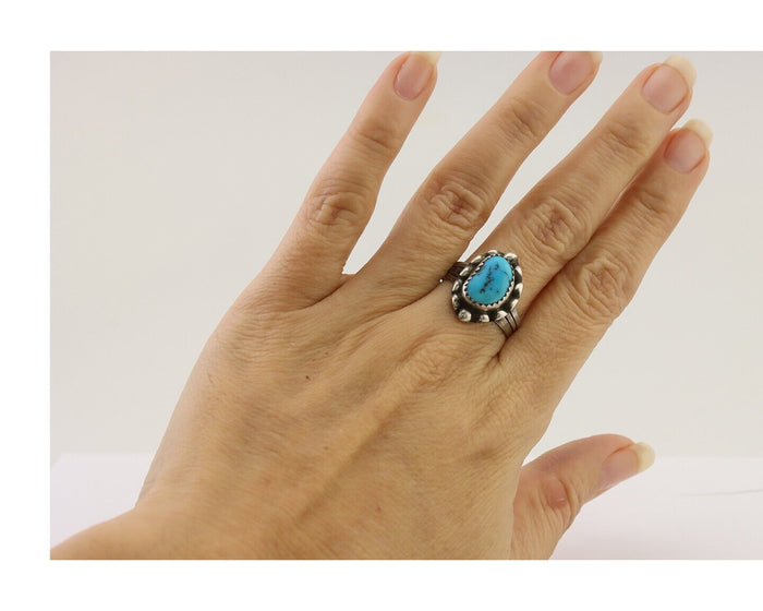 Navajo Ring 925 Silver Sleeping Beauty Turquoise Artist Signed SC C.80's