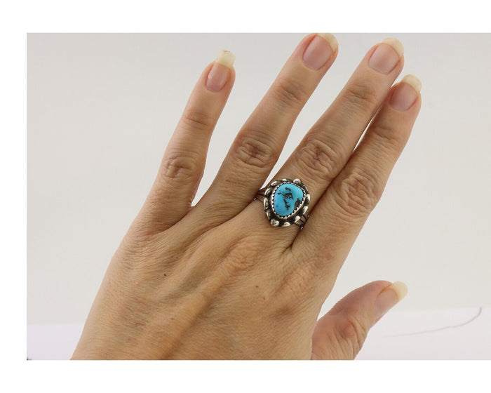 Navajo Ring 925 Silver Sleeping Beauty Turquoise Artist Signed SC C.80's