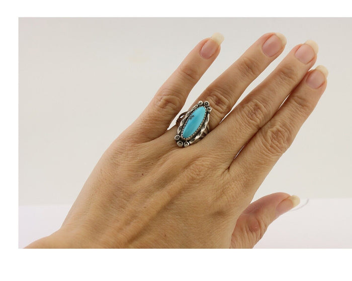 Navajo Ring 925 Silver Sleeping Beauty Turquoise Artist Signed SC C.80's