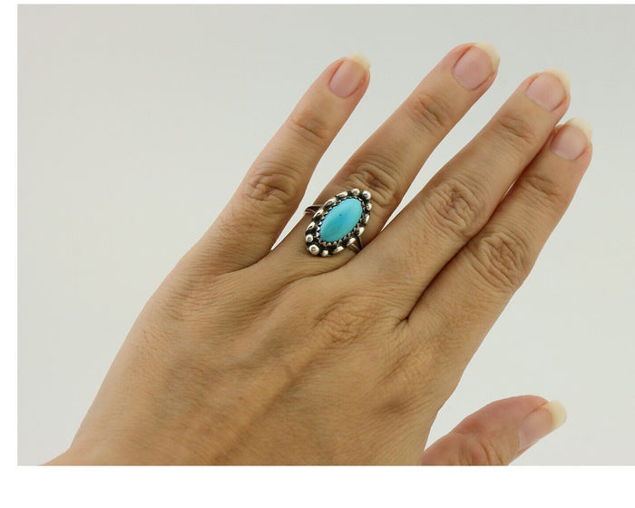 Navajo Ring 925 Silver Sleeping Beauty Turquoise Artist Signed SC C.80's