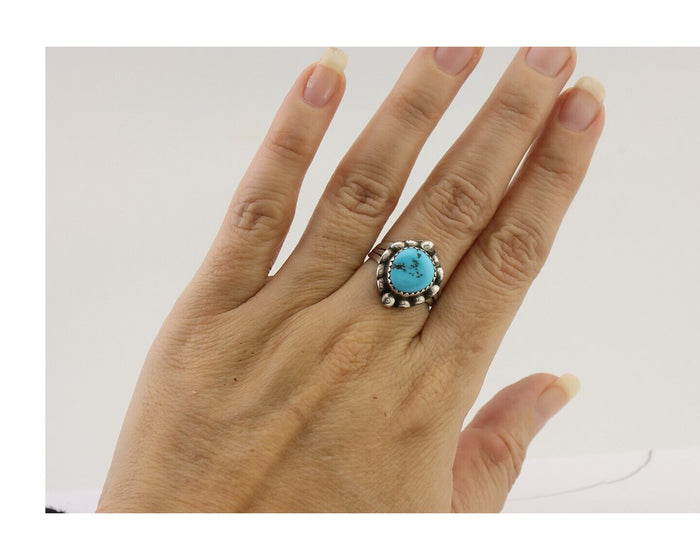 Navajo Ring 925 Silver Sleeping Beauty Turquoise Artist Signed SC C.80's