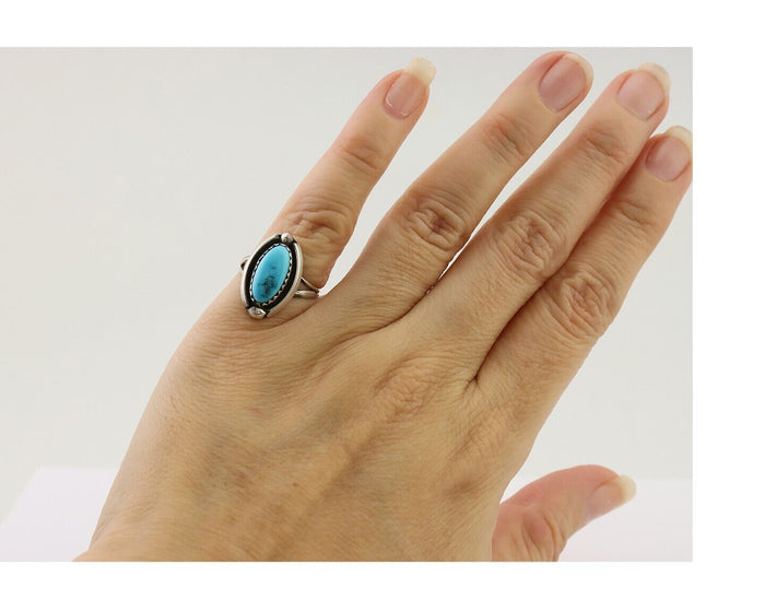Navajo Ring 925 Silver Sleeping Beauty Turquoise Artist Signed SC C.80's
